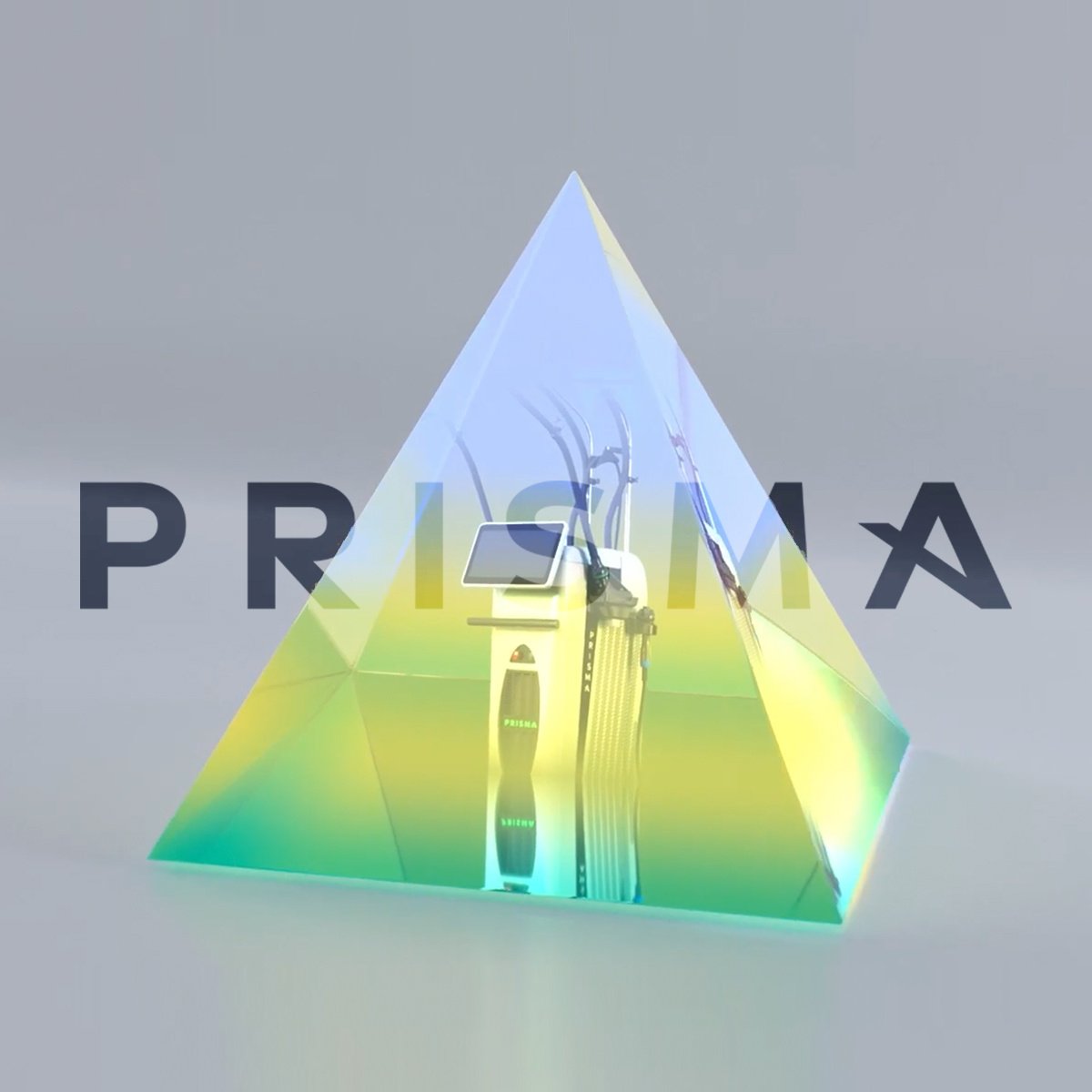 Prisma logo over pyramid with Prisma device superimposed inside